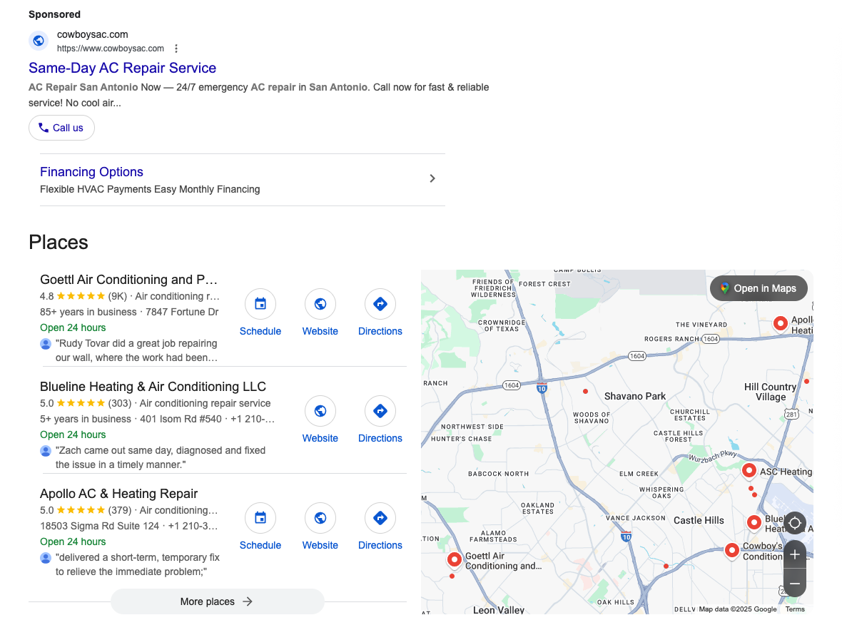 a map and list of the top 3 hvac services