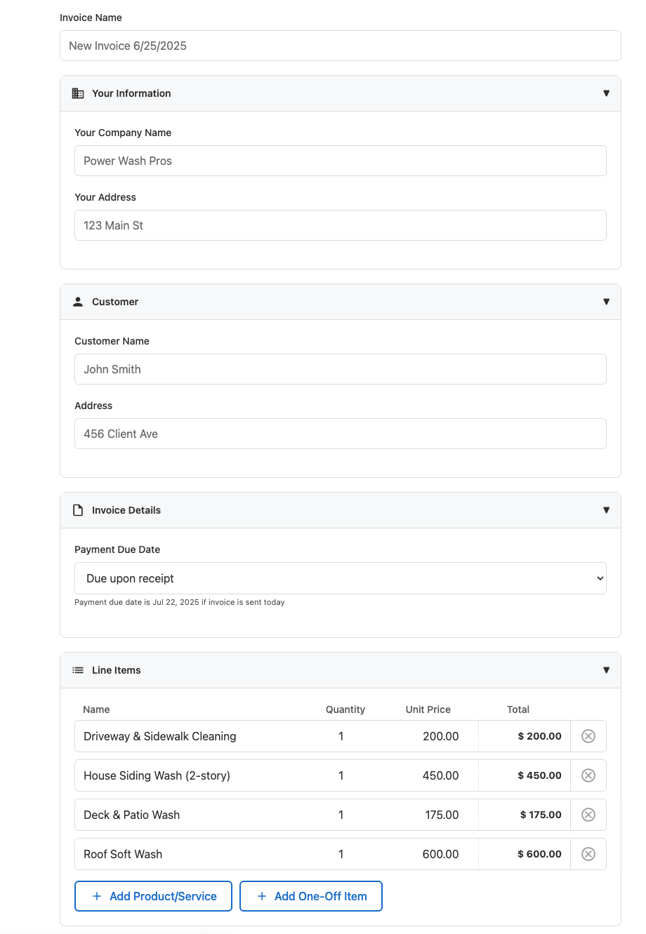 an invoice with pressure washing line items and customer information