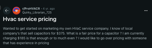 a reddit post about hvac service pricing