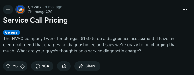 a reddit post about hvac service call pricing