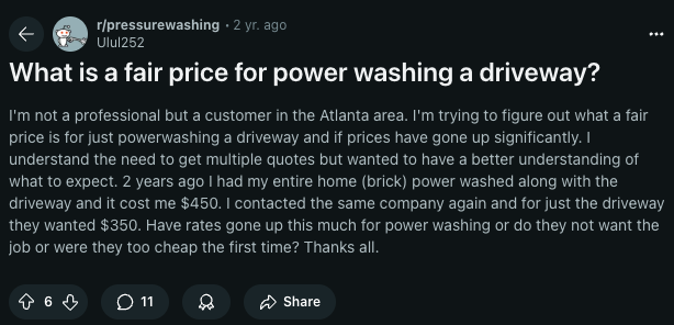 a reddit post about fair price and pressure washing