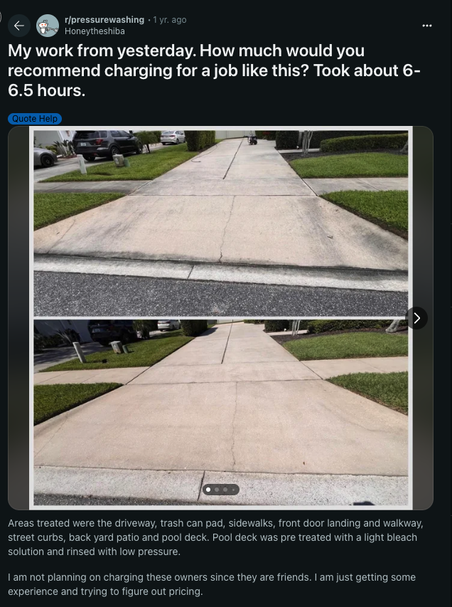 a reddit post about how much to price a pressure washing job