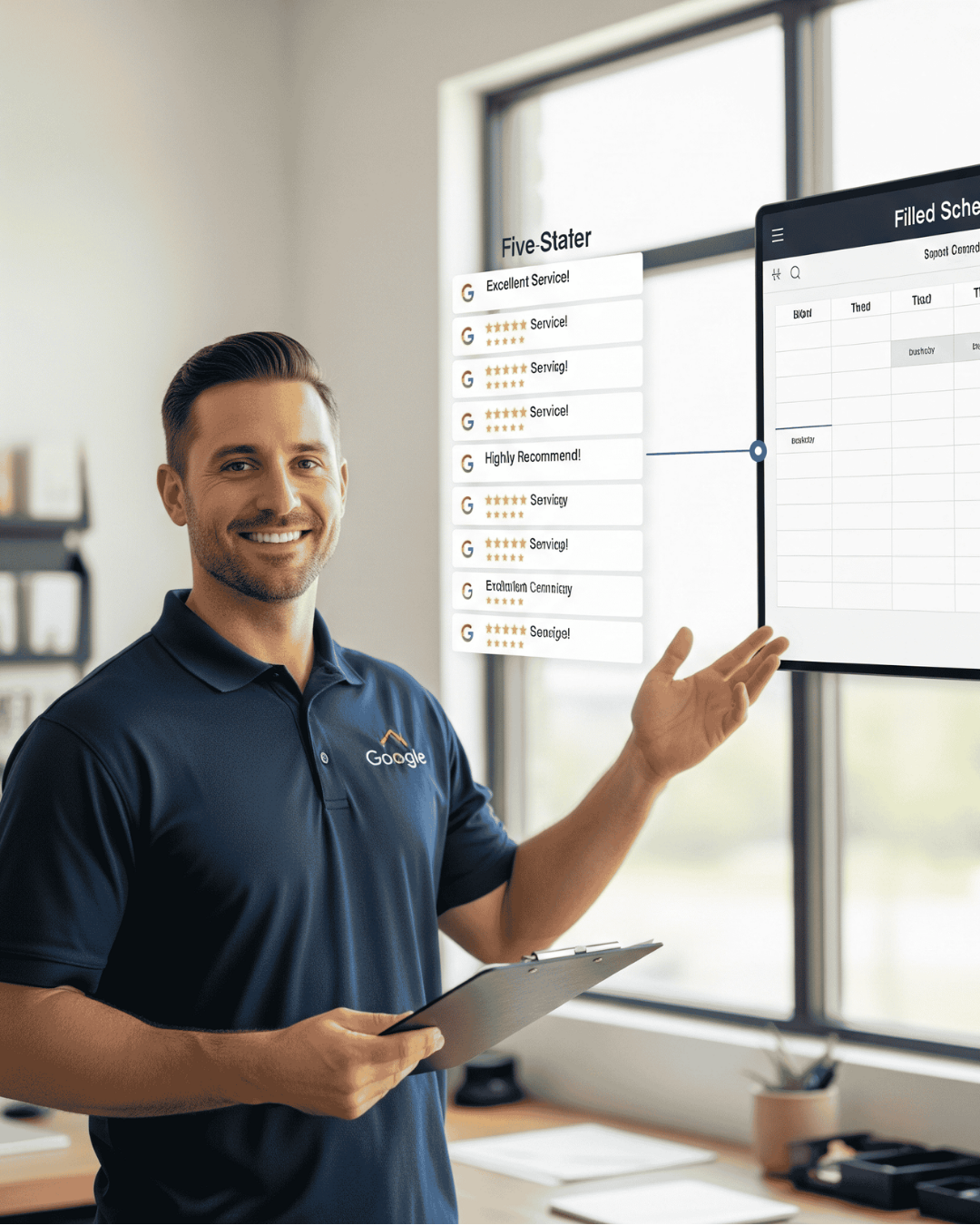 a person pointing to schedule with review notifications on the side