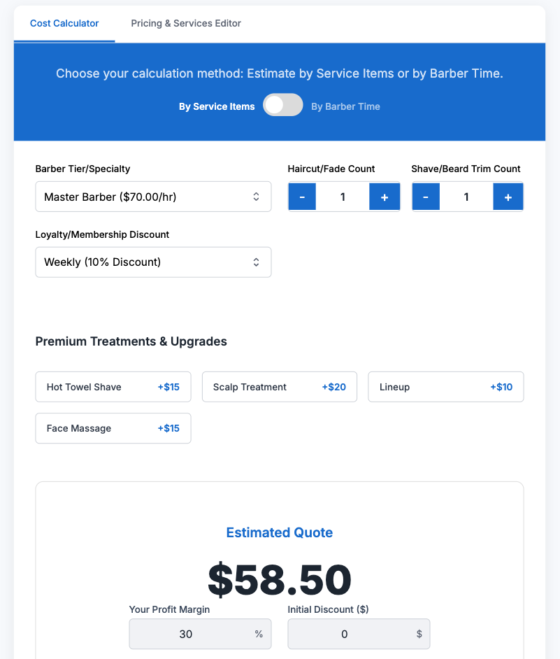 barber calculator inputs
