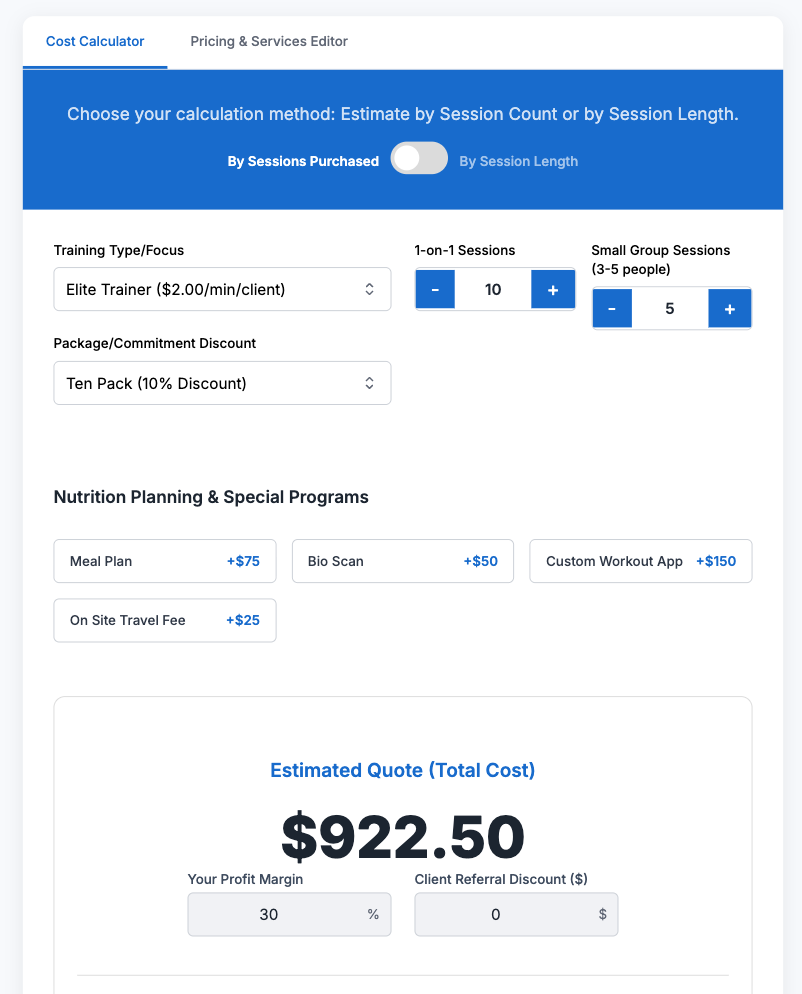 personal training price inputs