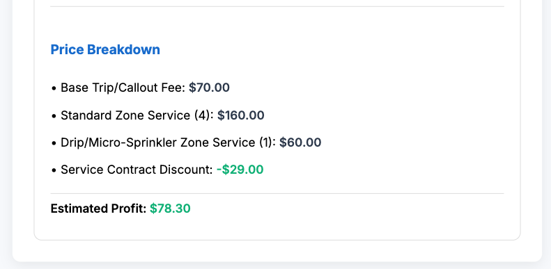irrigation service pricing total