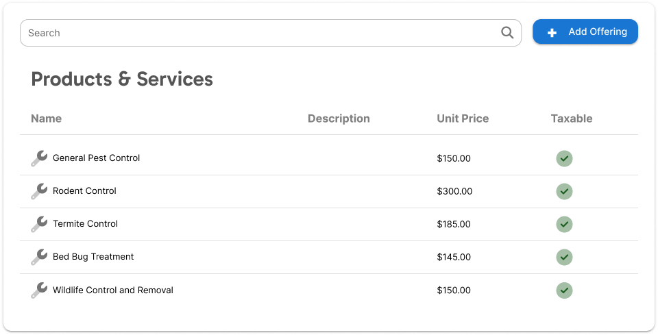 price book for pest control services