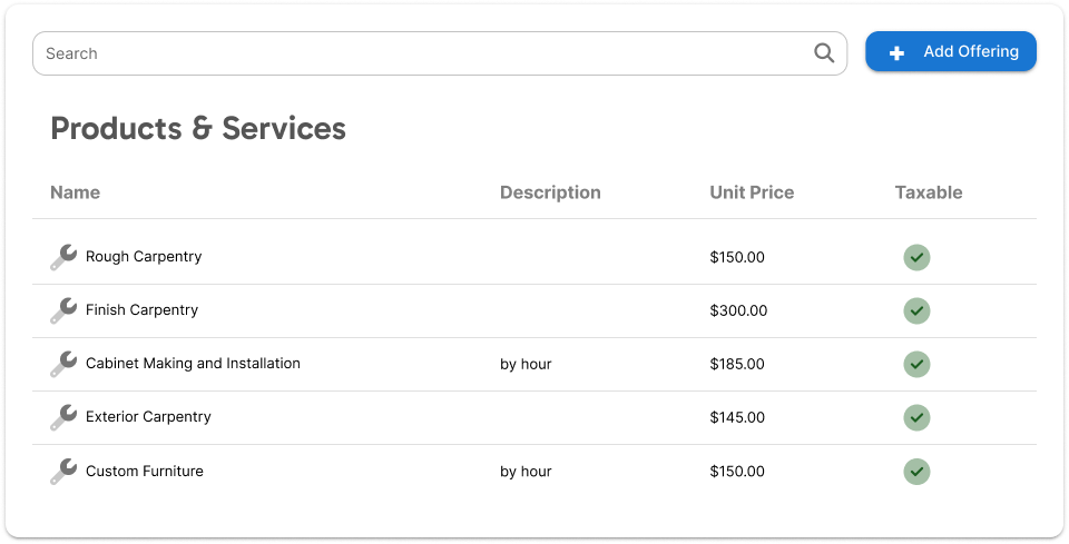 list of carpentry services and pricing
