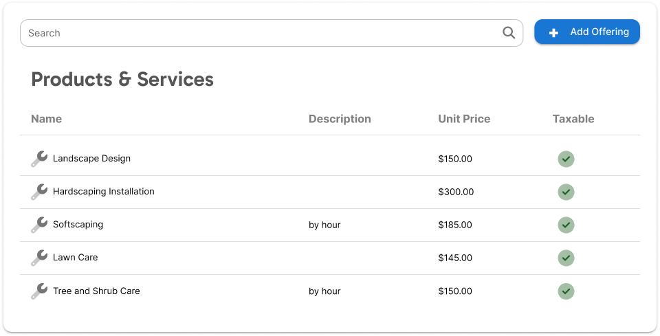 list of landscaping services and prices