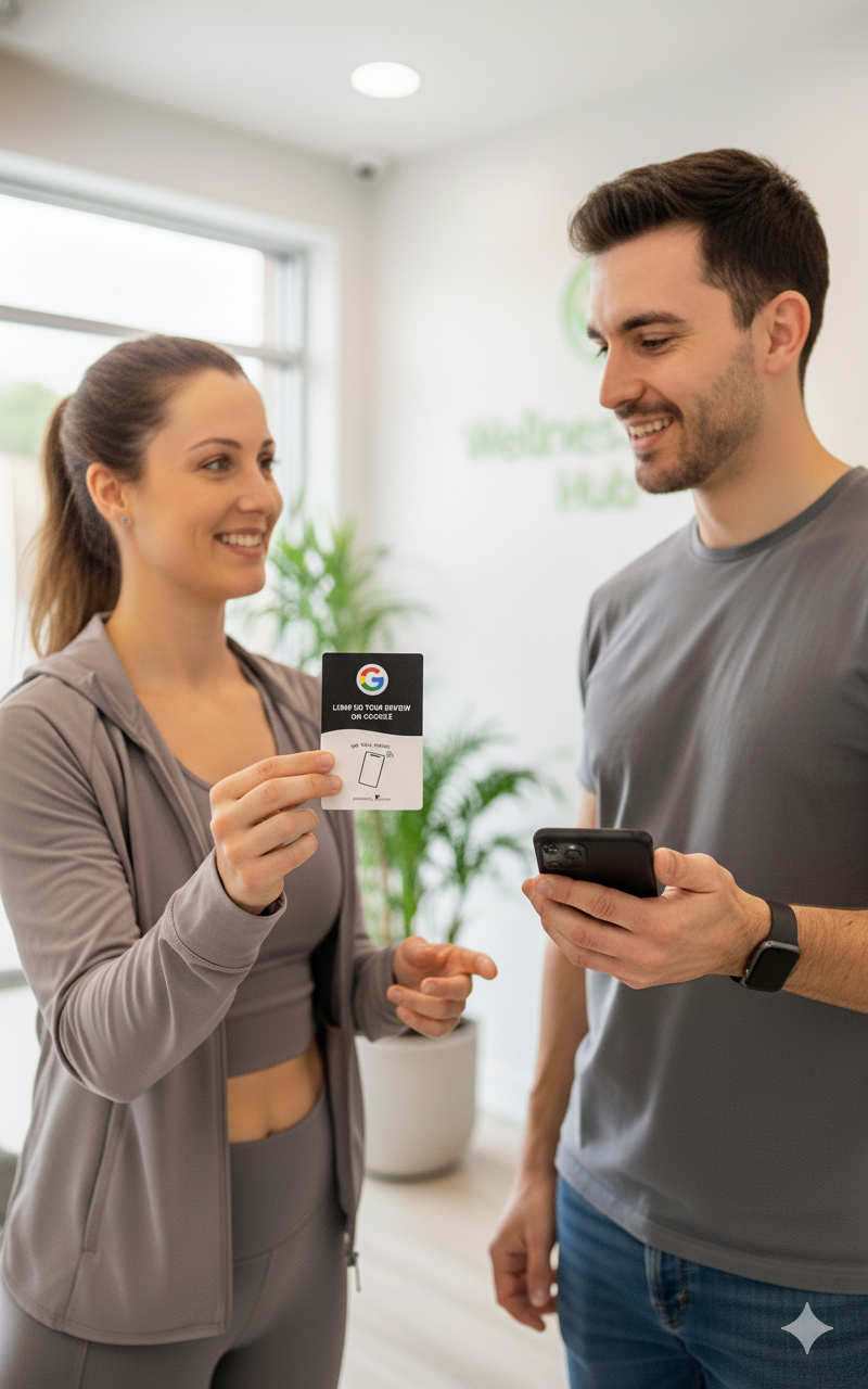 a trainer with a review card and customer