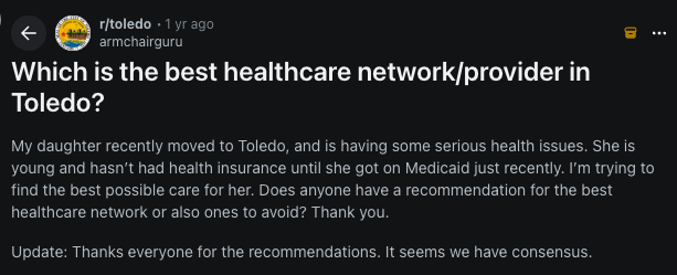 a reddit post asking the best healthcare provider locally