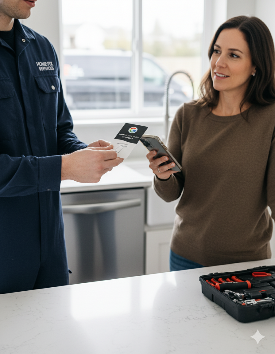 a technician with a review card and customer