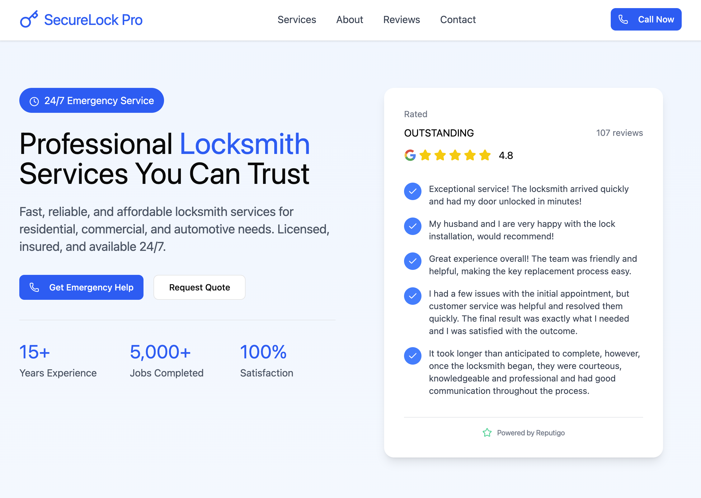 a locksmith website with displaying reviews