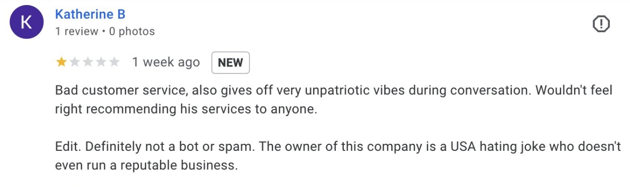 unrelated business review left on google