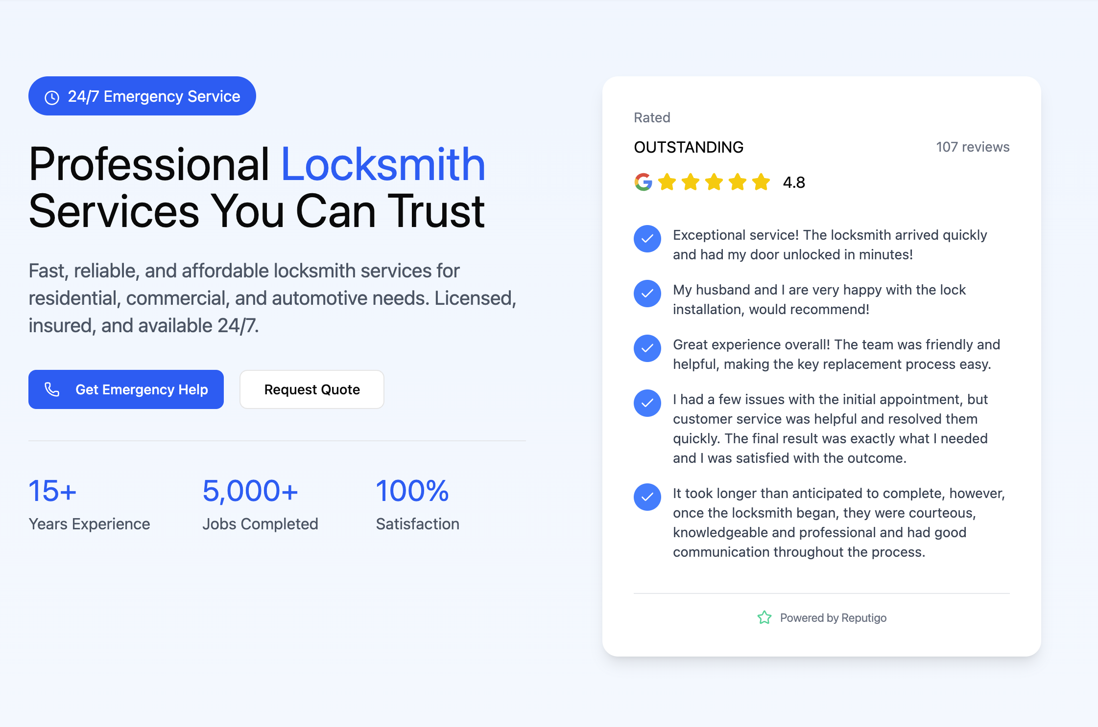 a locksmith website with a review widget
