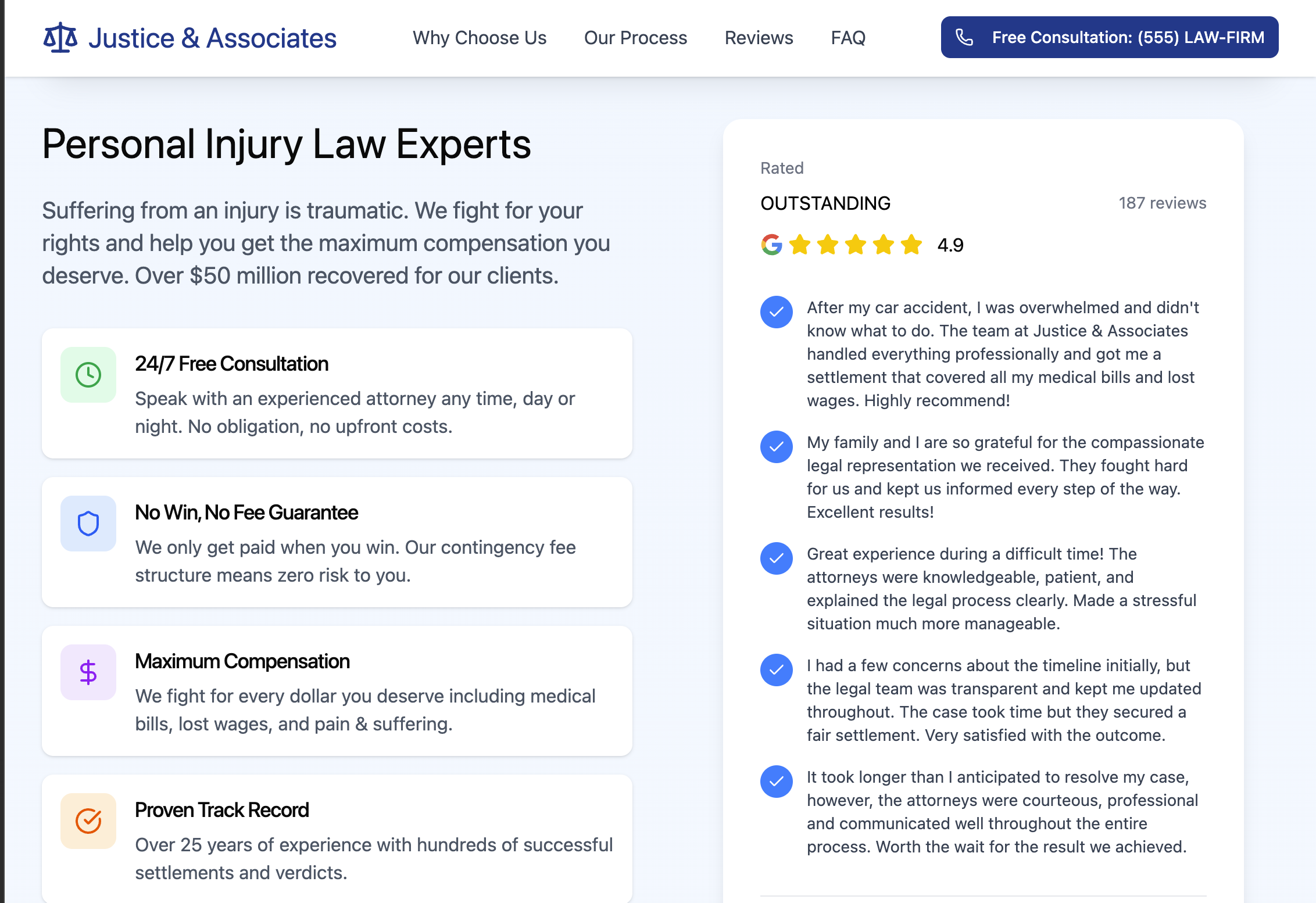 law firm website showcasing google reviews