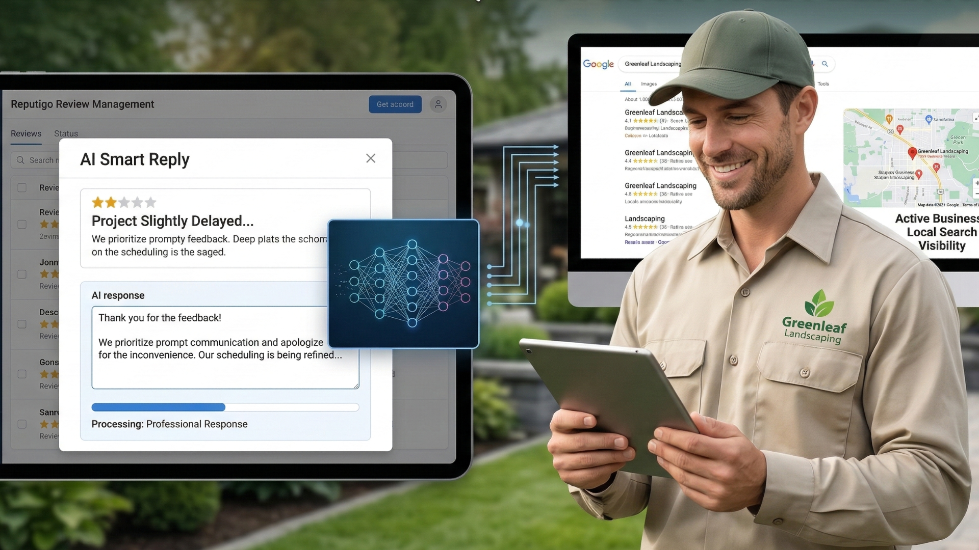 a landscaper with a tablet and review reply software