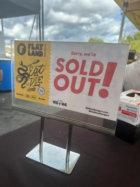 Sold out sign at the Flatland stand
