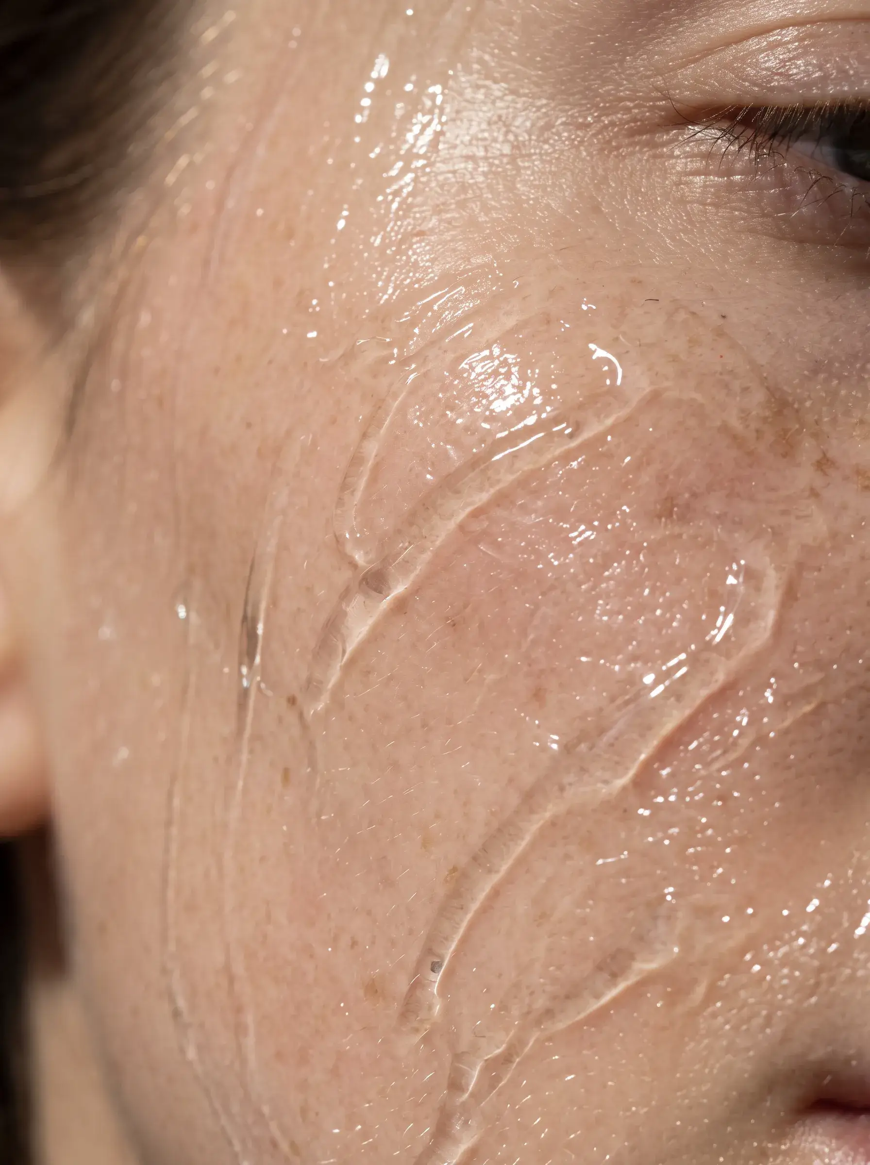 Close-up of a person's cheek with light freckles and a clear, glossy skincare gel applied on the skin near the eye and mouth.