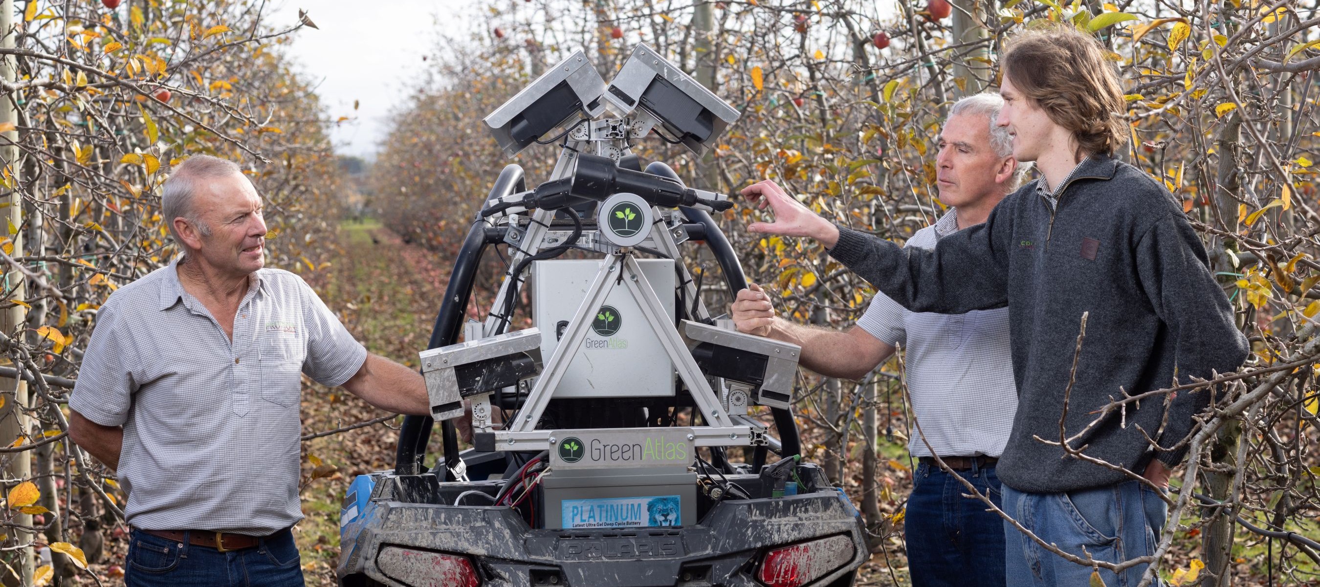 Precision Horticulture team members working with Green Atlas Cartographer on Hawke's Bay apple orchard.