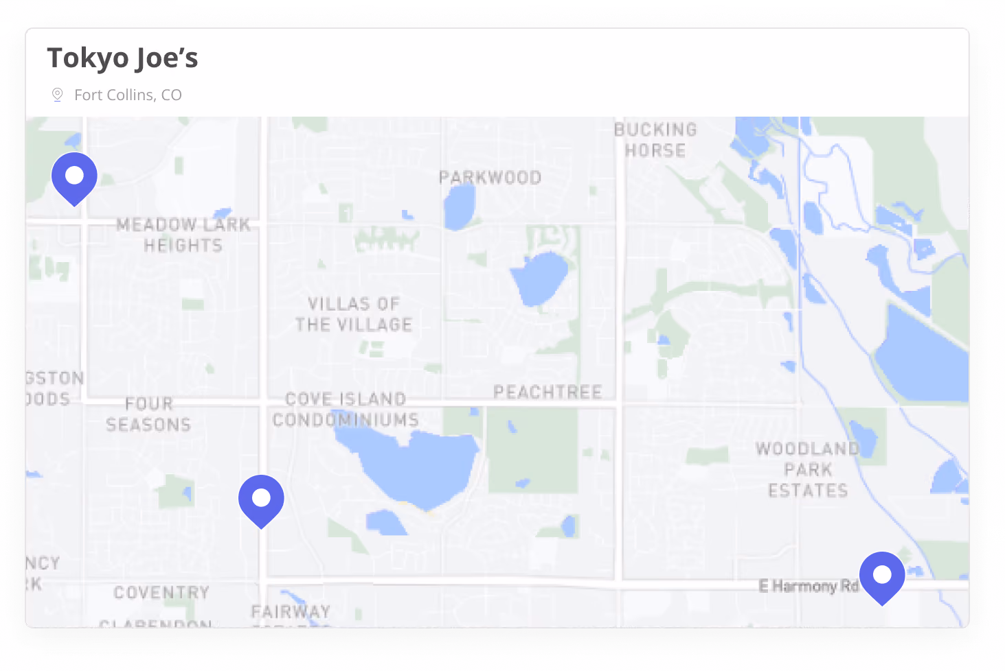 Map showing Tokyo Joe's locations in Fort Collins, Colorado
