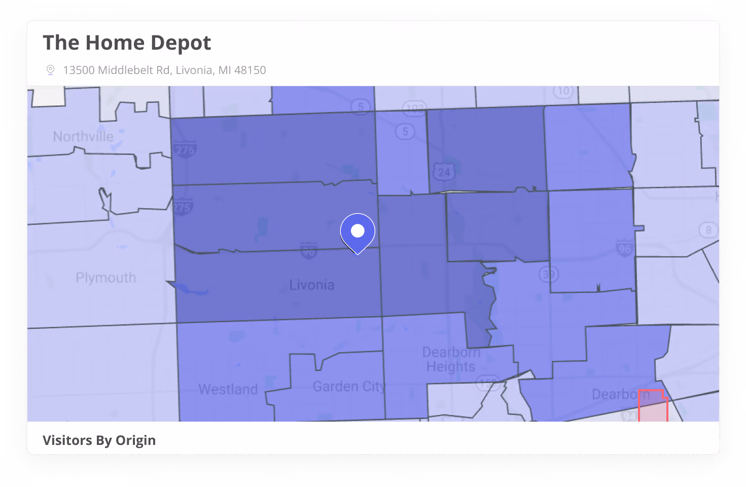 Visitors by origin map presenting the zip codes that generate visitation to a Home Depot location in Livonia, Michigan