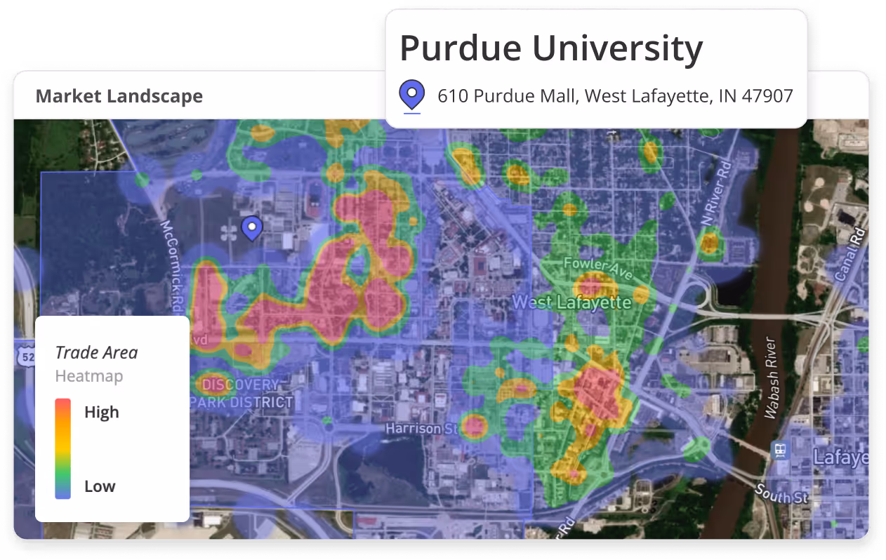 Placer’s site selection report map showing top locations for expansion for Piedmont Urgent Care. Patton Creek is selected