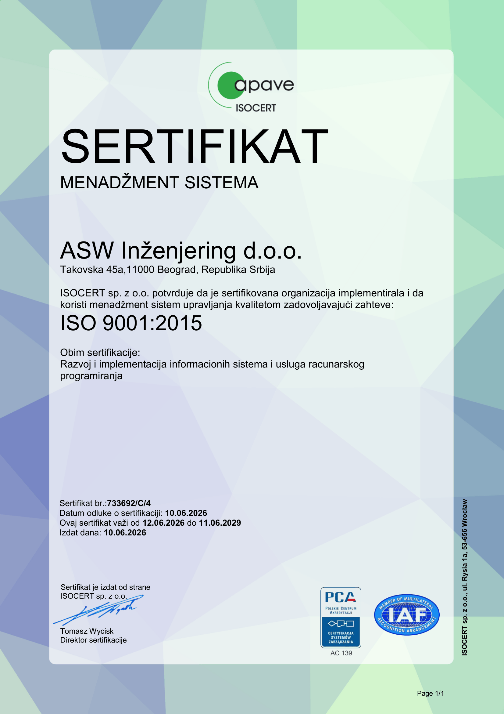 ISO Sertifikat za Sistem upravljanja kvalitetom