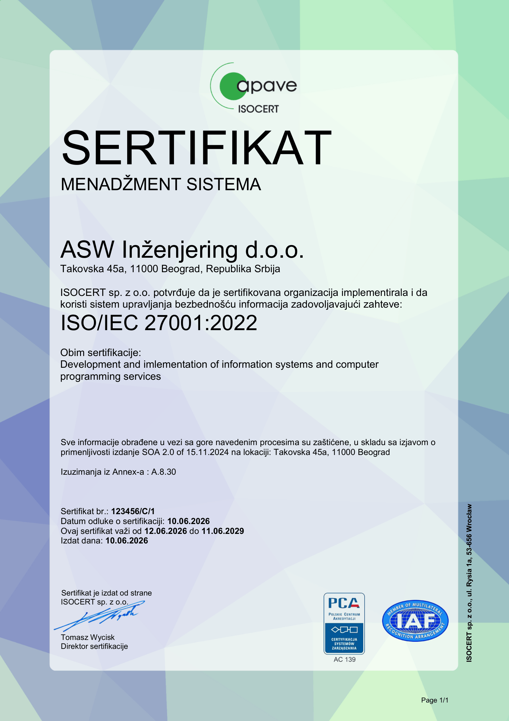 ISO sertifikat za Sistem menadzmenta sigurnosti informacija