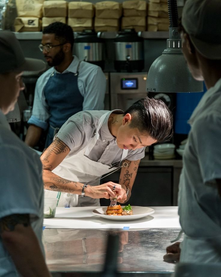 Chef plating in a stainless steel kitchen