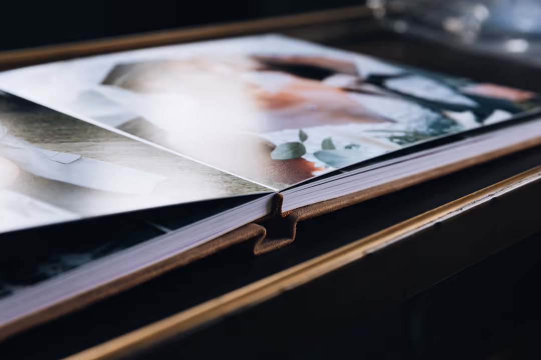Flat-lay wedding photo album with thick pages