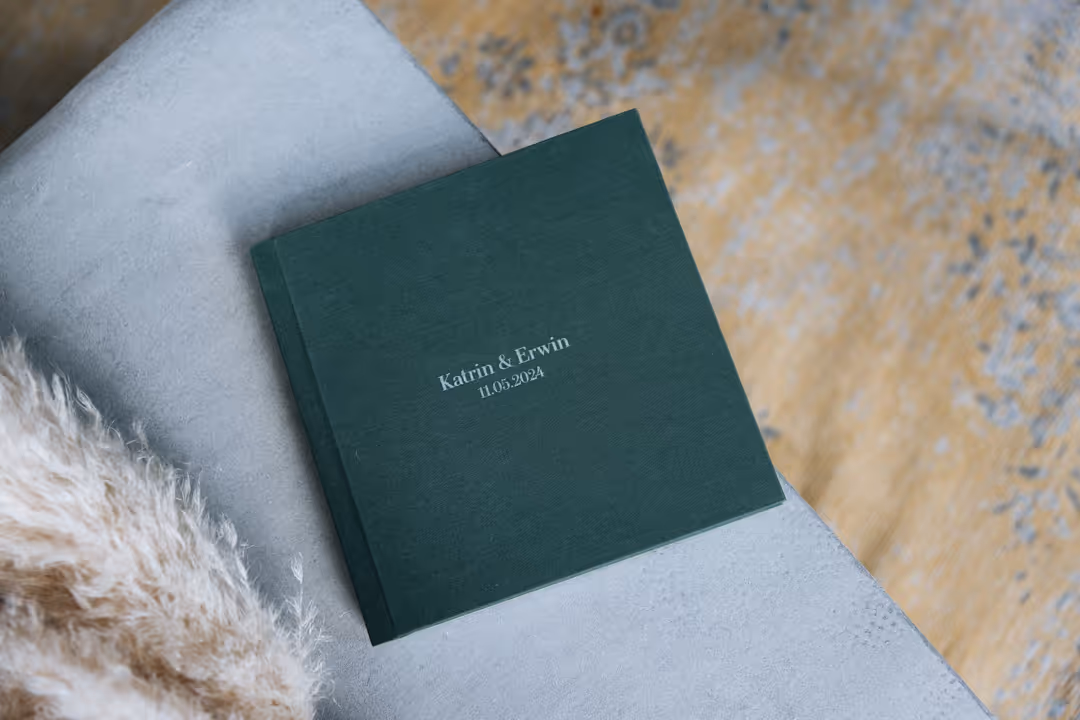Green linen wedding photo album with white print