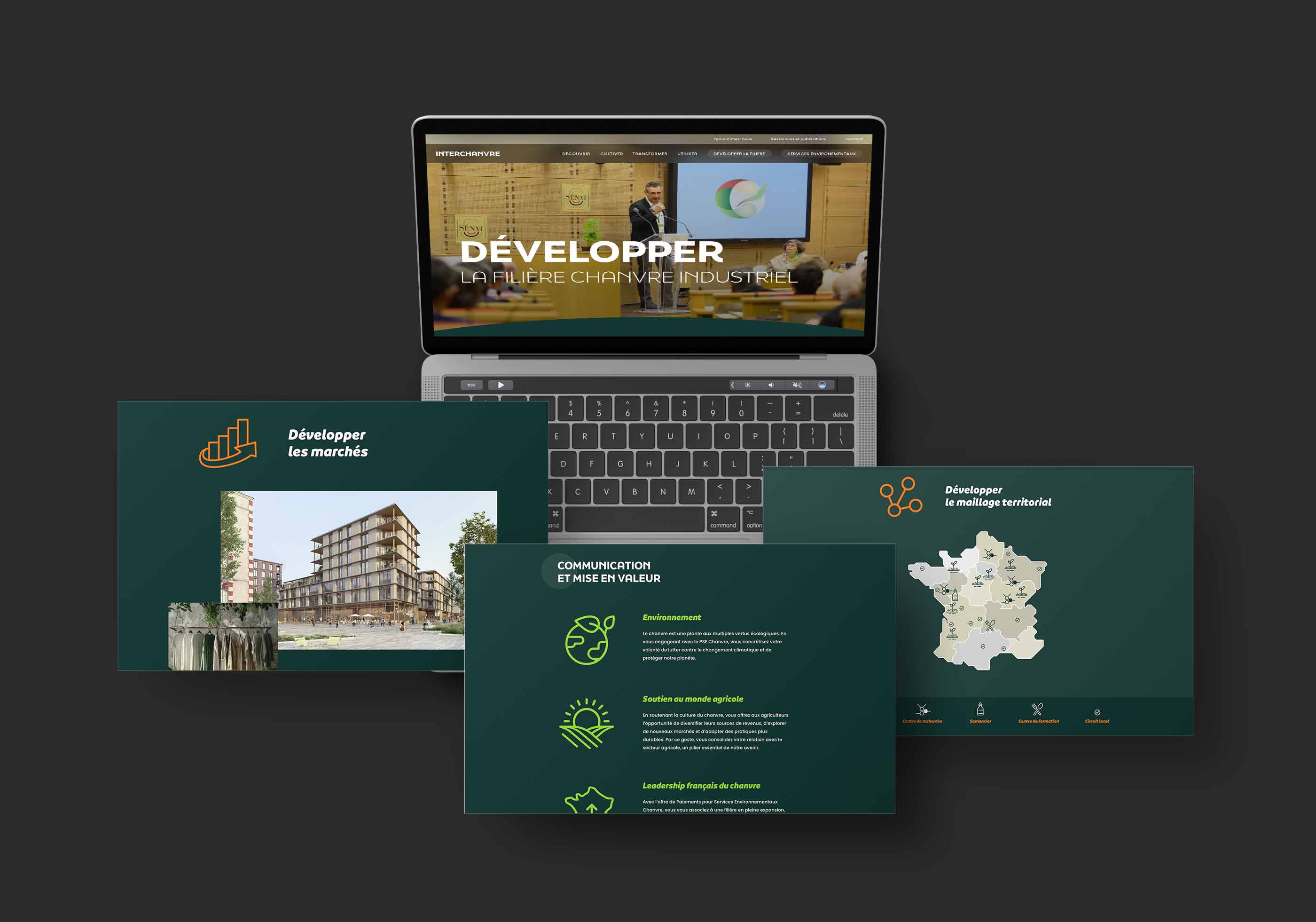 Site InterChanvre sur ordinateur portable et cartes de rubriques