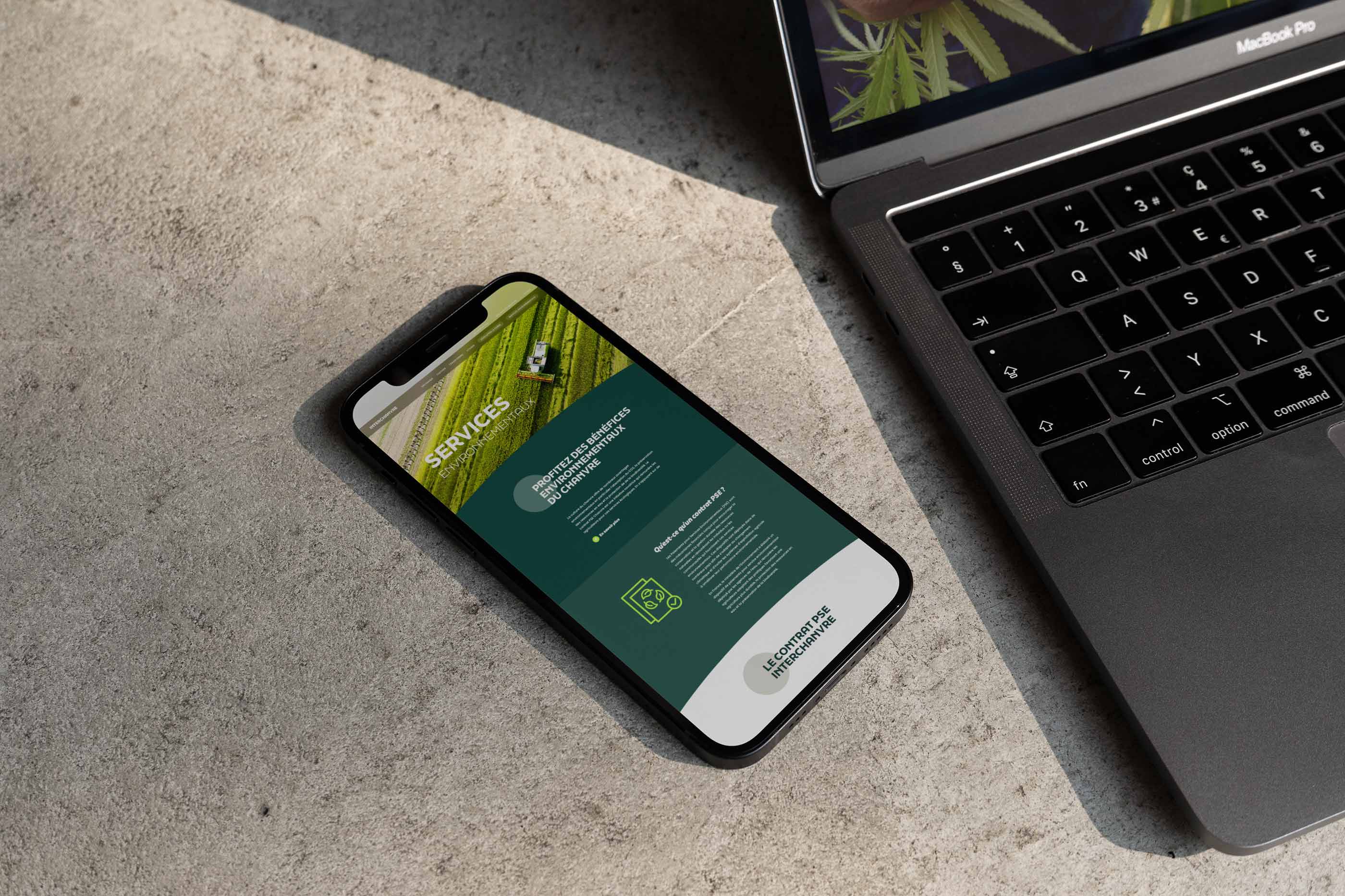 Site InterChanvre sur smartphone posé sur du béton