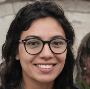 Une femme aux cheveux brun foncé avec des lunettes et des yeux noirs