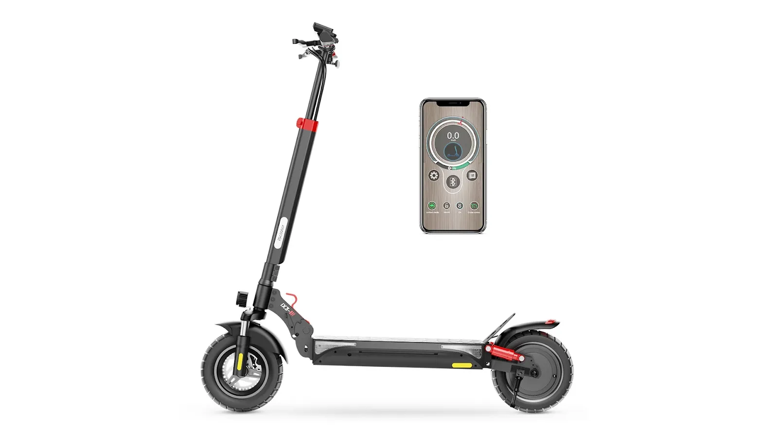 Une trottinette électrique iScooter iX3 à côté d'un smartphone qui affiche l'application pour la contrôler