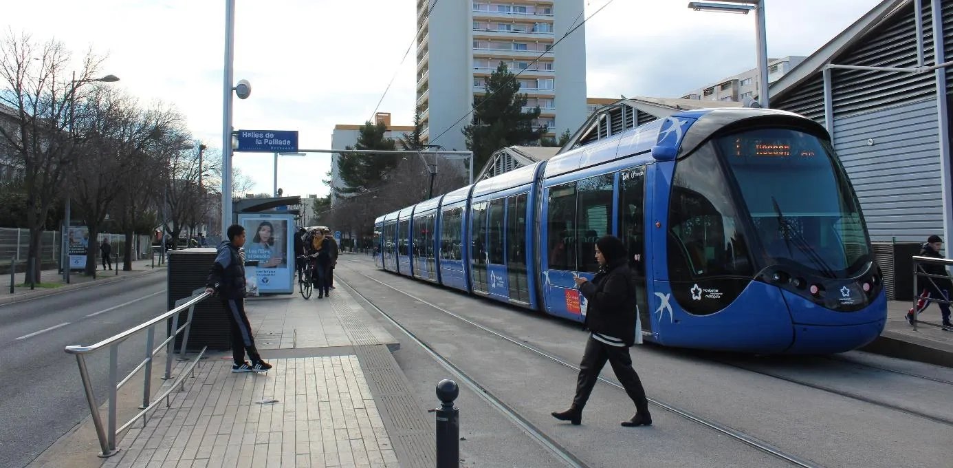 Un tram à l'arrêt dans le quartier de La Paillade