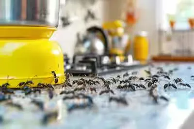 Une table de travail dans la cuisine envahie par des fourmis.