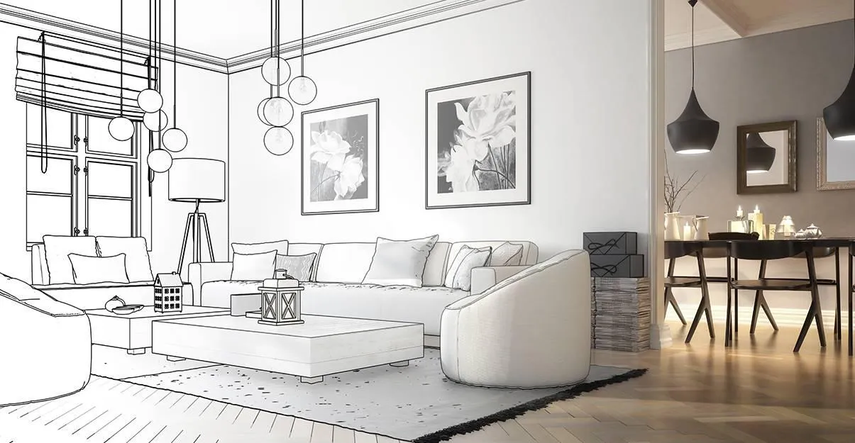 Un dessin d'aménagement de salon dans une maison mélangé à la photo d'une salle à manger à l'arrière plan