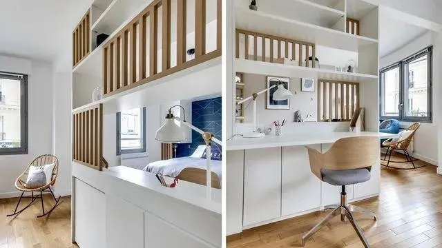 Deux photos d'aménagement d'intérieur avec un meuble blanc et une vue sur le devant d'un bureau