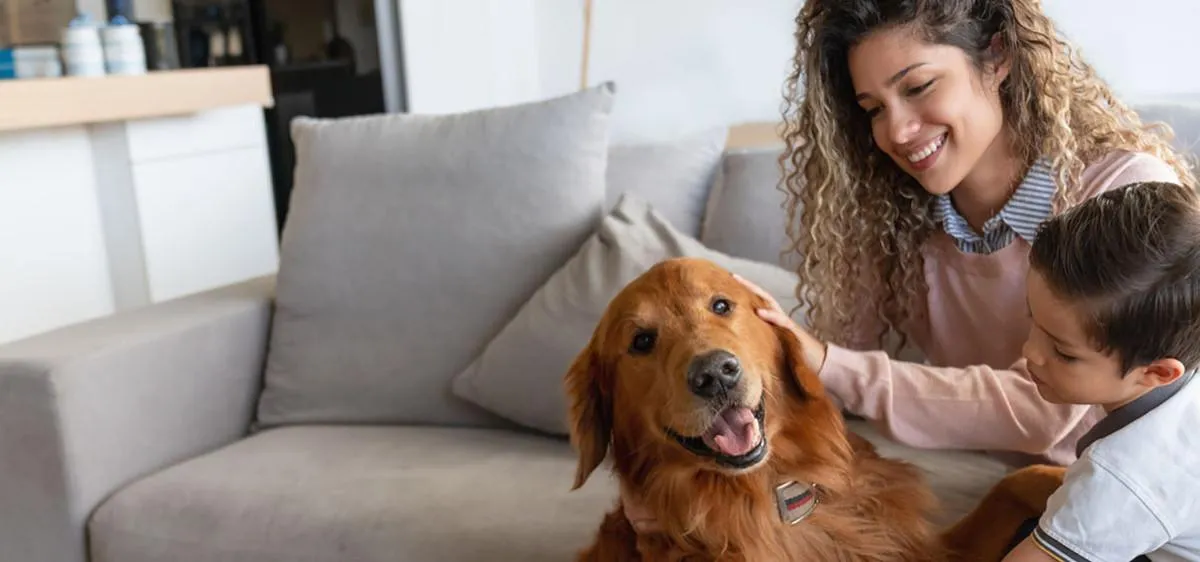 Une femme et un jeune garçon assis sur le canapé avec un chien. 