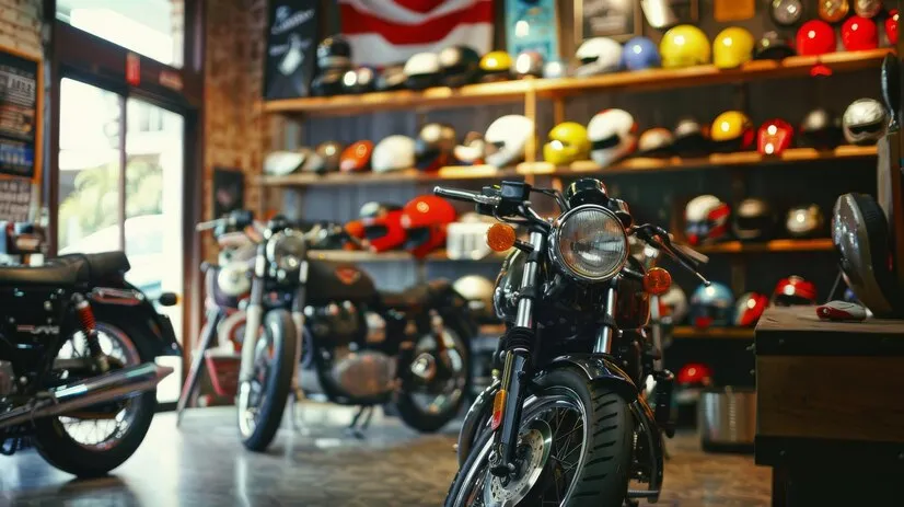 Des motos exposées dans une pièce avec des casques de toutes les couleurs en arrière-plan. 