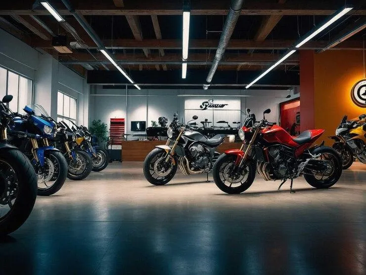 Des motos de différentes couleurs exposées dans un showroom