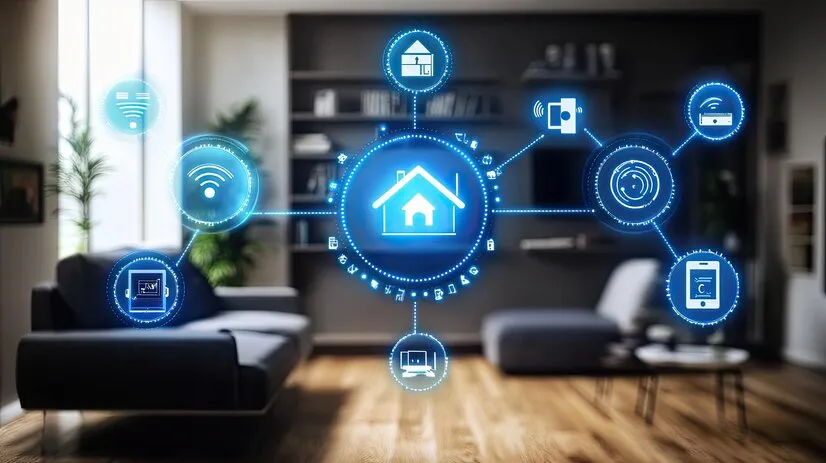 Un salon derrière un écran qui montre différentes fonctionnalités d’une maison connectée.