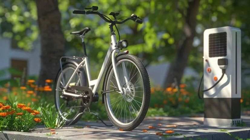 Un vélo électrique stationné à côté d'une borne de recharge.