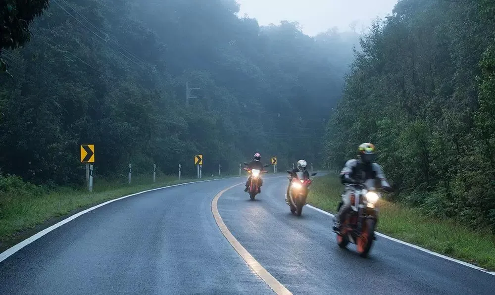 Un groupe de motard qui roule sur une belle route, au milieu de la forêt et avec de la brume. 