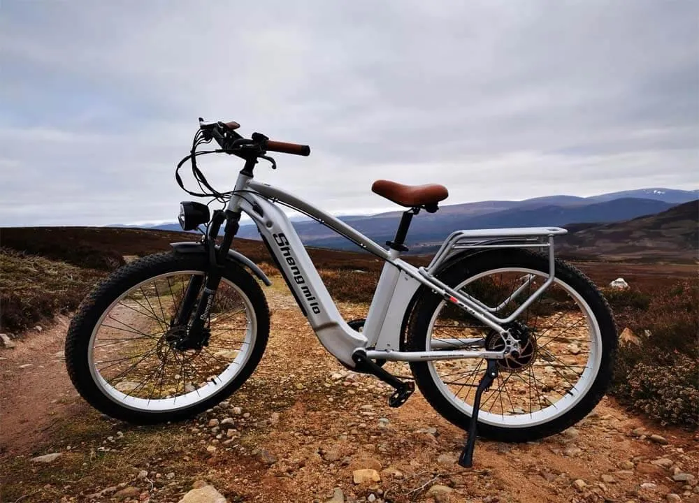 Le vélo Shengmilo MX04 garé sur une route de campagne.