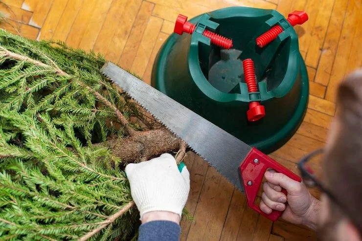 Un homme qui coupe les branches d'un sapin avec une scie