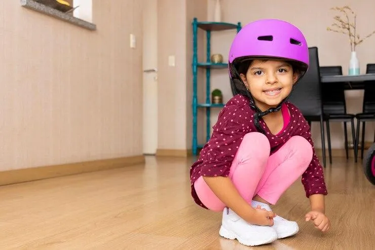 Une petite fille accroupie qui porte un casque violet