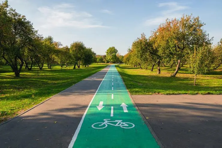Une piste cyclable verte sur une route ornée de verdure